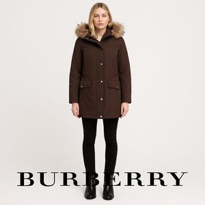 Burberry London Babthorpe jacket Maroon brown fur hood plaid Authentic Small